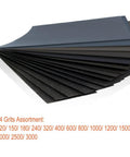 Auto Body Sanding Kit With 28 Pcs Wet Dry Sandpaper Pack, Grit Range 120 To 3000, showing layered sheets of sandpaper