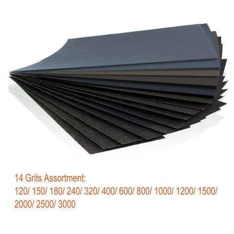 Auto Body Sanding Kit With 28 Pcs Wet Dry Sandpaper Pack, Grit Range 120 To 3000, showing layered sheets of sandpaper