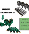 Heavy Duty TCT Hole Saw Kit Twelve Piece Set With Tungsten Carbide Tips And Titanium Plated Pilot Bits For Stainless Steel Sizes shown