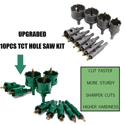 Heavy Duty TCT Hole Saw Kit Twelve Piece Set With Tungsten Carbide Tips And Titanium Plated Pilot Bits For Stainless Steel Sizes shown