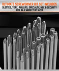Thirty Two Piece Extra Long Security Power Bit Set With Quarter Inch Hex Shank Hardcore Tough S2 Steel Build Tamper Proof Driver Bits in various sizes.