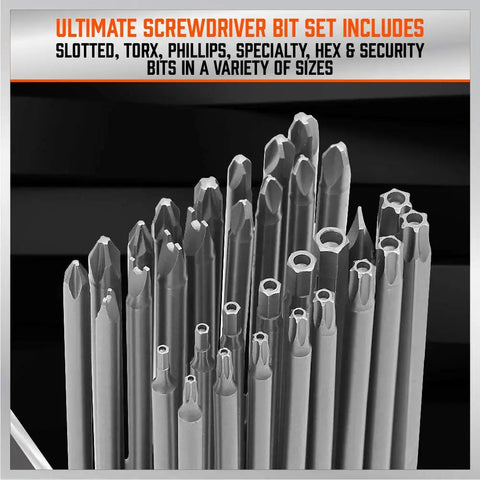 Thirty Two Piece Extra Long Security Power Bit Set With Quarter Inch Hex Shank Hardcore Tough S2 Steel Build Tamper Proof Driver Bits in various sizes.