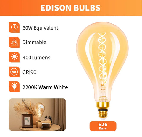 Dimmable LED Oversized Edison Bulbs With Amber Glass Finish, Warm White 2000K, E26 Base, 6.5W 400LM product display