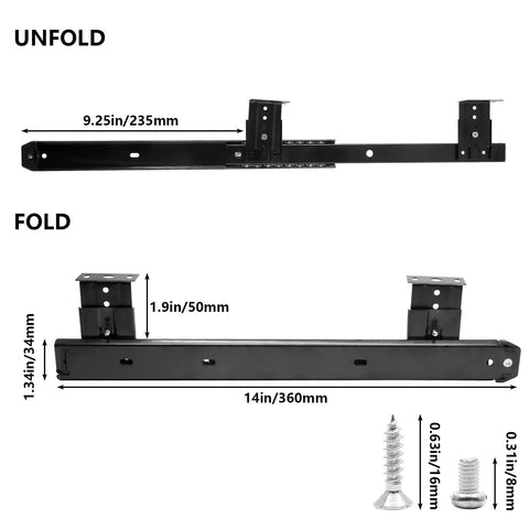 2 Pack 14 Inch Keyboard Slide Rails With Heavy Duty Ball Bearing Slides, unfolded and folded view with dimensions and screws