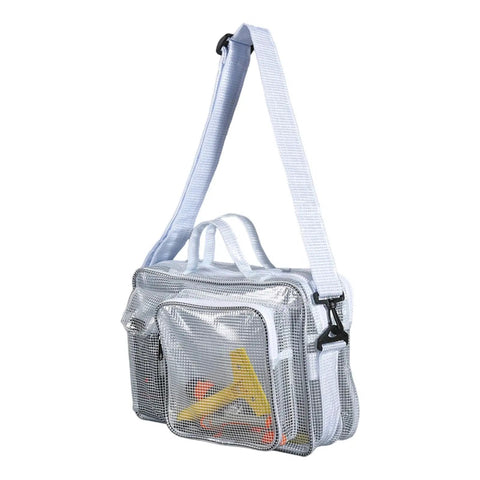 Solid Antistatic Clear Crossbody Bag For Cleanroom Engineers And Electronics Crews Adjustable Shoulder Strap with tools visible inside.