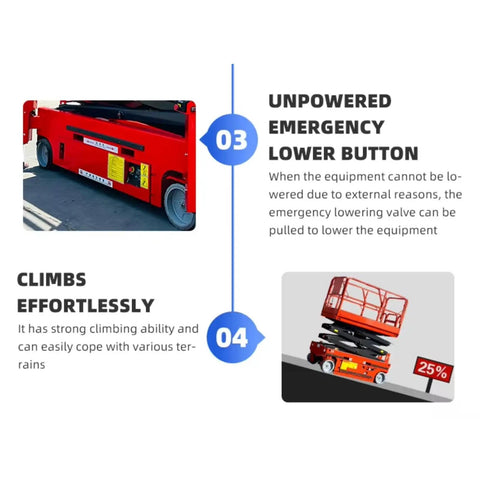 Hydraulic Aerial Work Lift Platform showing emergency lower button and climbing abilities for industrial maintenance