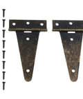Two bronze T-shaped hinges and screws from the Bronze Hinges For Wood Wine Box Repair Kit Two Pack With Galvanized Iron Hardware.