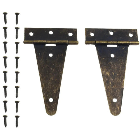 Two bronze T-shaped hinges and screws from the Bronze Hinges For Wood Wine Box Repair Kit Two Pack With Galvanized Iron Hardware.