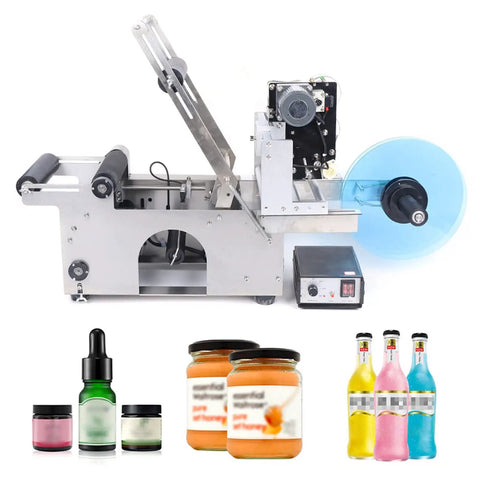 Resfirme 100W Semi-Automatic Round Labeling Machine for Jars and Bottles with high-speed labeling of various container sizes.