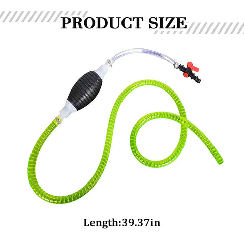 No Fuss Manual Fuel Siphon Pump For Gas Diesel And Oil Quick High Flow Transfer with 39.37in green hose and rubber bulb.