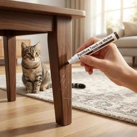 Using a touch-up marker on a scratched wooden table leg in a cozy living room. Complete 21 Piece Wood Scratch Repair Kit With Ten Color Touch Up Markers And Wax Filler Sticks For A No Sweat Quick Fix On Hardwood Floors Cabinets Desks Or Bedposts Today.