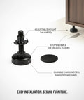 Adjustable Threaded Leveling Foot for Cabinets and Furniture, Three Eighths by Sixteen Threaded Stud, Carbon Steel Stabilizer shown next to cabinet