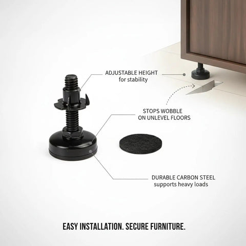 Adjustable Threaded Leveling Foot for Cabinets and Furniture, Three Eighths by Sixteen Threaded Stud, Carbon Steel Stabilizer shown next to cabinet