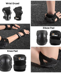 Image of Kids Protective Gear Set Knee Elbow And Wrist Guards For Roller Skating Skateboarding BMX Cycling Inline Skating And Scooter Riding Size Medium Black Durable 3 Piece Safety Gear For Beginners, showing detailed views of wrist, elbow, and knee pads.