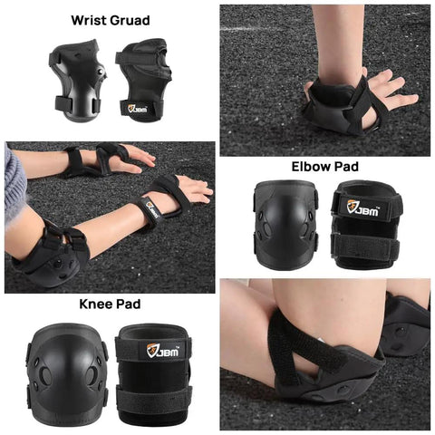 Image of Kids Protective Gear Set Knee Elbow And Wrist Guards For Roller Skating Skateboarding BMX Cycling Inline Skating And Scooter Riding Size Medium Black Durable 3 Piece Safety Gear For Beginners, showing detailed views of wrist, elbow, and knee pads.