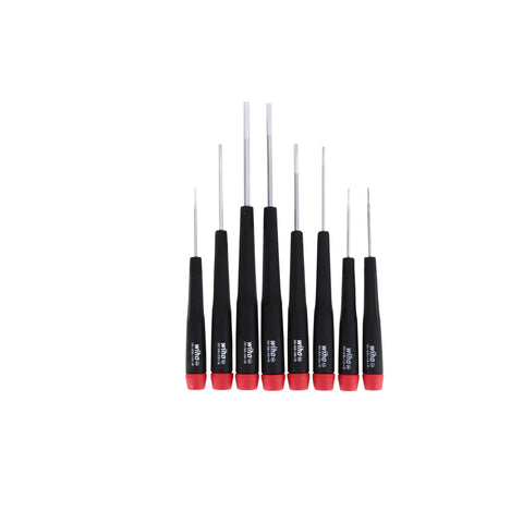 Precision Slotted Screwdriver Set in Canvas Pouch, 8 Piece with Exact Fit Tips arranged in a row front view