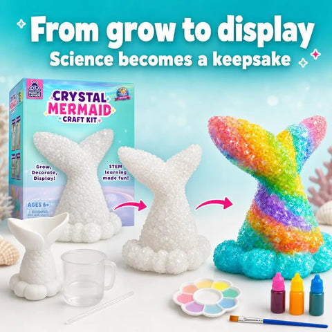 Mermaid Crystal Growing Kit For Kids 6 To 8, STEM Craft Toy That Grows Sparkling Crystals On A Mermaid Tail, Totally Screen-Free, Hands-On Science And Art Project For Young Scientists. Crystal mermaid kit with molded tail, paints, cup, brush