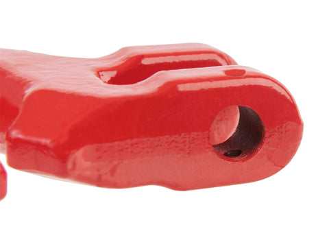 Close-up of Three Eighths Inch Logging Chain Choker Hook Grade 80 Not For Overhead Lifting 6900 Lbs WLL, red alloy steel detail