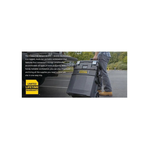 Person using FatMax 4 In 1 Mobile Work Station With Tiered Cantilever Storage System Rolling Tool Cart on a driveway