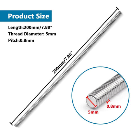 6 Pcs M5 X 200mm Fully Threaded Rod Kit Featuring Top Shelf 304 Stainless Steel With Rust Proof Machine Threads Paired With Nuts And Flat Washers For No Sweat Hanging And Rock Solid Clamping Jobs, showcasing dimensions.