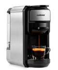 Front view of a single serve espresso machine for Nespresso pods, stainless steel with 20 oz water tank, fast heat, brewing coffee into a cup.