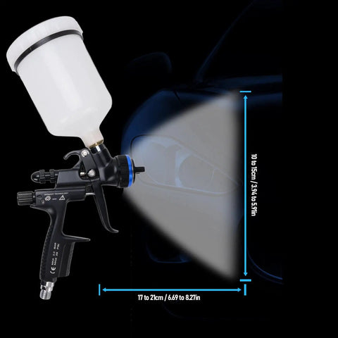 Zero Fuss HVLP Air Paint Sprayer With 600ML Cup 1.3MM Nozzle Adjustable Control Knob, showing sprayer and light mist coverage.