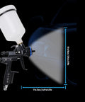 HVLP Air Paint Sprayer With 600ml Gravity Cup And 1.3mm Nozzle showing size dimensions and spray pattern on a dark background.