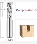 SpeTool 2-pack spiral compression router bits, front view, 1/2 in shank, 1/2 in cutter diameter, solid carbide