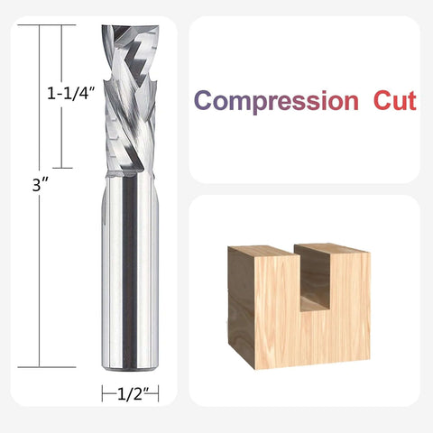 SpeTool 2-pack spiral compression router bits, front view, 1/2 in shank, 1/2 in cutter diameter, solid carbide