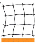 Close-up of Outdoor Twisted Poly Baseball Batting Cage Net With 4 Foot Access Door, showing size 24 mesh and ruler for scale.
