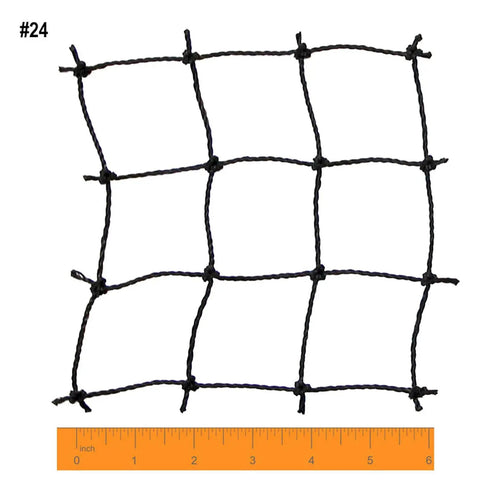 Close-up of Outdoor Twisted Poly Baseball Batting Cage Net With 4 Foot Access Door, showing size 24 mesh and ruler for scale.