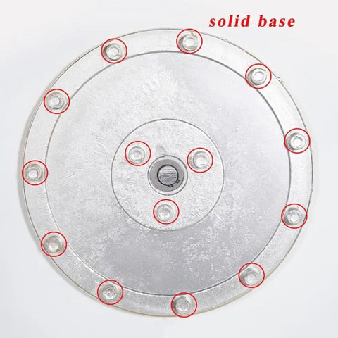 Bottom view of Large Lazy Susan Turntable 360 Degree Rotating Tray with solid metal base, visible bolts and center pivot point