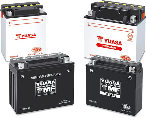 Assorted maintenance free AGM batteries, including YTX7L-BS for motorcycles, ATVs, and powersports with sealed absorbed glass mat tech.