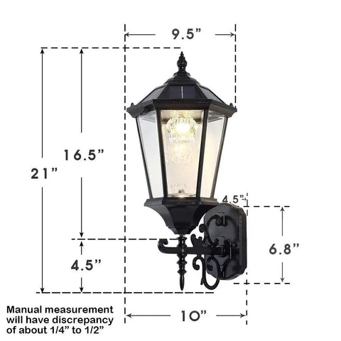 Solar Wall Lantern Outdoor Light Dusk To Dawn, 21 inch large aluminum housing with glass, dimensions and design details shown.