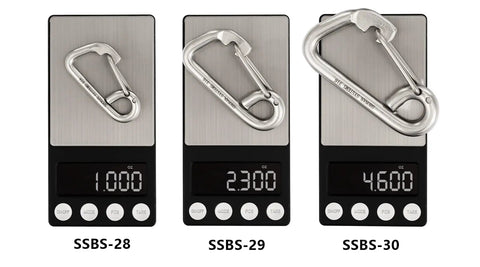 Stainless Steel Carabiner Heavy Duty Snap Hook For Marine Use Saltwater Resistant Rope Clips Jet Ski Kayak And Boat Dock Lines 316 Stainless Steel Construction SSBS-28, SSBS-29, SSBS-30 on scales