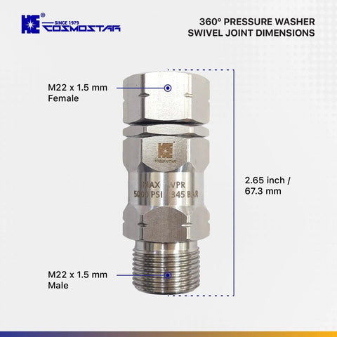 Stainless Steel M22 360 Degree Pressure Washer Swivel Joint Fitting For Guns And Hoses, 5000 PSI, 0.85 Inch ID To M22, High Flow, No Twist, Not For 3 By 8 NPT M. M22 female to male swivel fitting, 2.65 inch