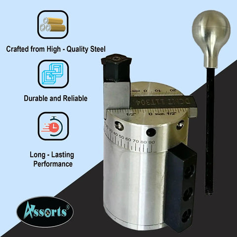 Pro Grade Radius Ball Turning Attachment For 7x16 Mini Lathes And Similar Machines, Heavy Duty Tool For Convex And Concave Ball Turning, 60 mm Radius Capacity, DCMT11T304 Carbide Insert displayed with features of durability and steel material.