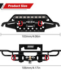Front and Rear Aluminum Tube Bumper Set for 1/18 TRX4M Bronco Crawler with LED; size dimensions shown