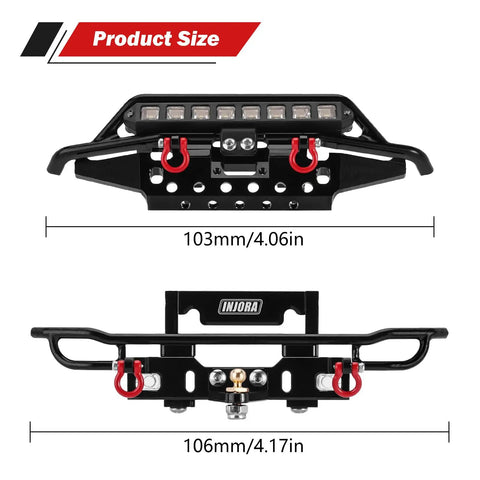 Front and Rear Aluminum Tube Bumper Set for 1/18 TRX4M Bronco Crawler with LED; size dimensions shown