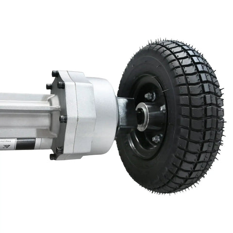 Beefy 24V 350W Brushed Transaxle Motor Kit With Differential, 9x3.50-4 pneumatic wheel and motor housing close-up