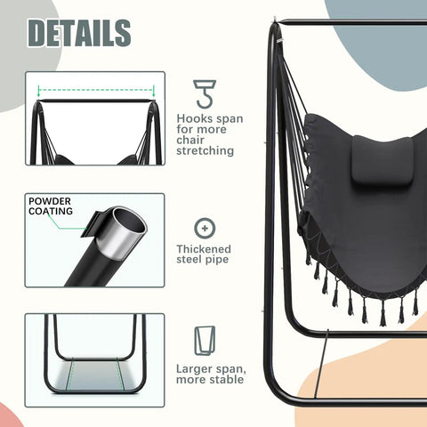 Details of heavy duty rustproof hammock chair with stand for indoor and outdoor use with ergonomic U shaped bracket neck pillow.