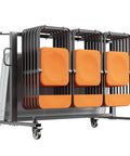 Heavy Duty Folding Chair Rack Cart For Event Spaces Haul 42 Chairs Or 12 Tables With 400 Lb Capacity Mobile Chair Storage Dolly Featuring Rubber Wheels And GrIPS Large Chair Holder Matte Black with orange chairs