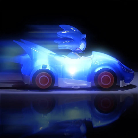 Sonic Glow Racer RC Car Ready To Run One Twenty Eight Scale Remote Control Vehicle With Light Up Body in motion in the dark