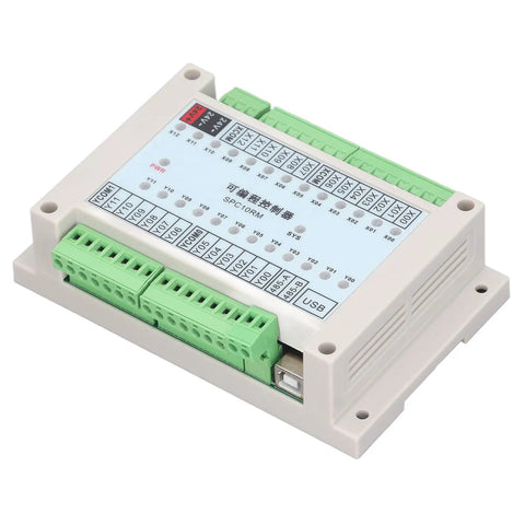 Industrial PLC Controller 24V DC 13 Input 12 Output SPC10RM Control Board in ABS Plastic, showing input, output ports, and USB.