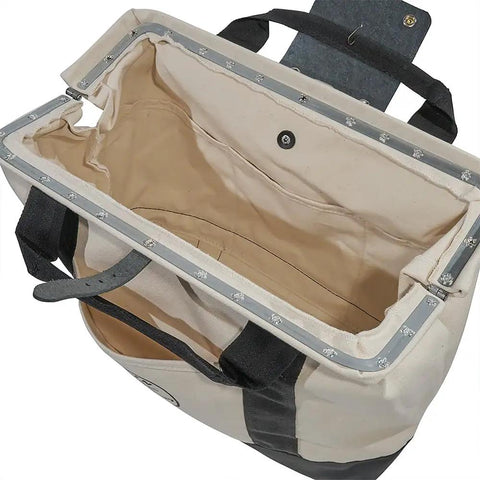 Canvas Tool Bag With Leather Bottom And Wide Opening For Easy Access, 18 Inch, 11 Pockets, No 8 Natural Canvas, Steel Frame Mouth For Rugged Use