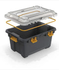 Toss Your Gear In This Heavy Duty 5.28 Gallon Waterproof Plastic Storage Tote Bin with gray base and clear lid, featuring weather tight seal.