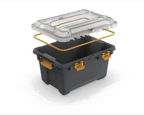 Toss Your Gear In This Heavy Duty 5.28 Gallon Waterproof Plastic Storage Tote Bin with gray base and clear lid, featuring weather tight seal.