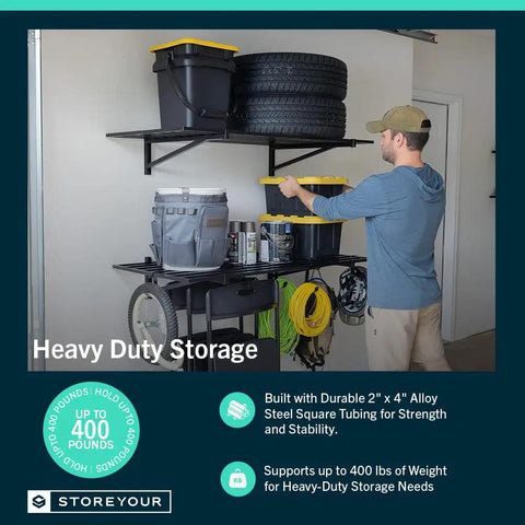 No Sweat Organizing Rock Solid Heavy Duty Wall Mounted Garage Shelves Two Pack 2X4 Ft Black Steel Storage Rack With Six Hooks Supports Four Hundred Pounds For All Your Tools And Home Workshop Storage Projects