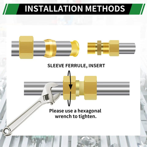 Installation method for brass compression sleeve kit with 460 pieces ferrules inserts fittings assortment for tubes and hoses.