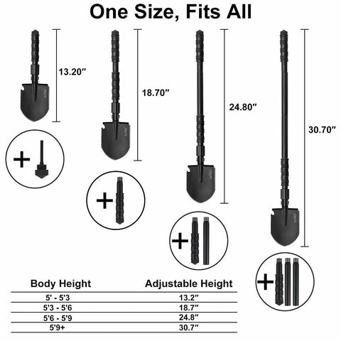 Beast Mode Heavy Duty Folding Camping Shovel With Pickaxe, adjustable 31 Inch size for different heights, carbon steel material.